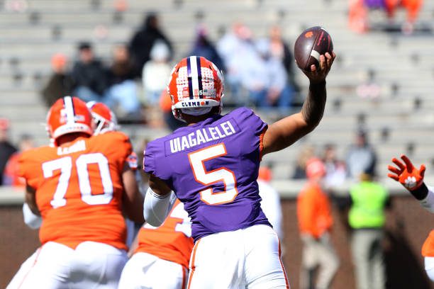 CLEMSON, SC - APRIL 09: Clemson quarterback DJ Uiagalelei (5) during the annual Clemson Orange and White Spring football game on April 9, 2022 at Clemson Memorial Stadium in Clemson, S.C. (Photo by John Byrum/Icon Sportswire via Getty Images)
