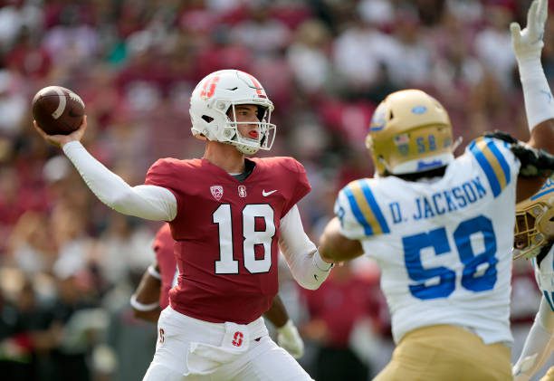 STANFORD, CALIFORNIA - SEPTEMBER 25: Tanner McKee #18 of the Stanford Cardinal drops back to pass against the UCLA Bruins during the first quarter of an NCAA football game at Stanford Stadium on September 25, 2021 in Stanford, California. (Photo by Thearon W. Henderson/Getty Images)