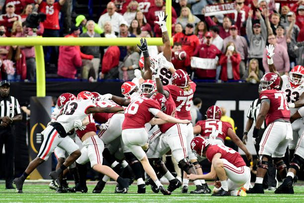 INDIANAPOLIS, IN - JANUARY 10: University of Georgia defensive lineman Jalen Carter #88 of the Bulldog football team blocks a field goal attempt by place kicker Will Reichard #16 from the University of Alabama during the 2022 College Football Playoff Championship game between University of Georgia and University of Alabama at Lucas Oil Stadium on January 10, 2022 in Indianapolis, Indiana. (Photo by Perry McIntyre/ISI Photos/Getty Images)
