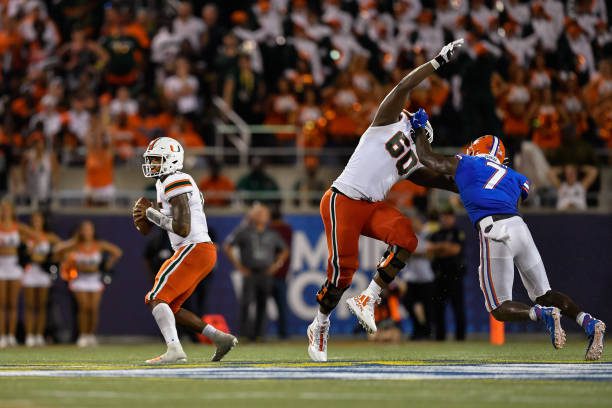 ORLANDO, FL - AUGUST 24: Miami quarterback Jarren Williams (15) drops back to pass while Florida linebacker Jeremiah Moon (7) tries to fight through Miami offensive lineman Zion Nelson (60) during the second half of the Camping World Kickoff between the Florida Gators and the Miami Hurricanes on August 24, 2019, at Camping World Stadium in Orlando, FL. (Photo by Roy K. Miller/Icon Sportswire via Getty Images)