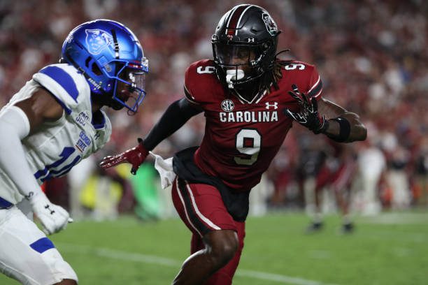 COLUMBIA, SC - SEPTEMBER 03: South Carolina Gamecocks defensive back Cam Smith (9) turns and runs with Georgia State Panthers wide receiver Robert Lewis (14) during a football game between the Georgia State Panthers and the South Carolina Gamecocks. (Photo by Charles Brock/Icon Sportswire via Getty Images)