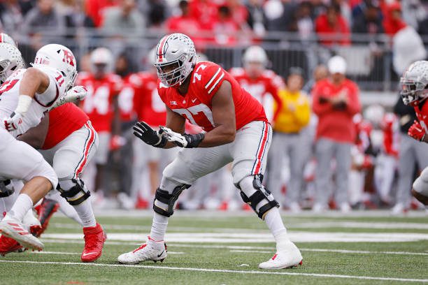 COLUMBUS, OH - OCTOBER 01: Ohio State Buckeyes offensive lineman Paris Johnson Jr. (77) blocks during a college football game against the Rutgers Scarlet Knights on October 1, 2022 at Ohio Stadium in Columbus, Ohio. (Photo by Joe Robbins/Icon Sportswire via Getty Images)