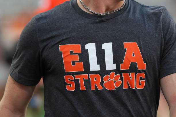 CLEMSON, SC - SEPTEMBER 17: The shirts worn by the Clemson team in honor of Clemson Tigers defensive tackle Bryan Bresee's (11) younger sister who died from cancer during a college football game between the Louisiana Tech Bulldogs and the Clemson Tigers on September 17, 2022, at Clemson Memorial Stadium in Clemson, S.C. (Photo by John Byrum/Icon Sportswire via Getty Images)