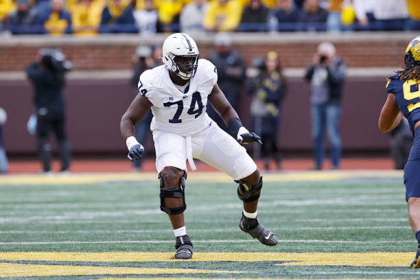 ANN ARBOR, MI - OCTOBER 15: Penn State Nittany Lions offensive lineman Olumuyiwa Fashanu (74) blocks during a college football game against the Michigan Wolverines on October 15, 2022 at Michigan Stadium in Ann Arbor, Michigan. (Photo by Joe Robbins/Icon Sportswire via Getty Images)