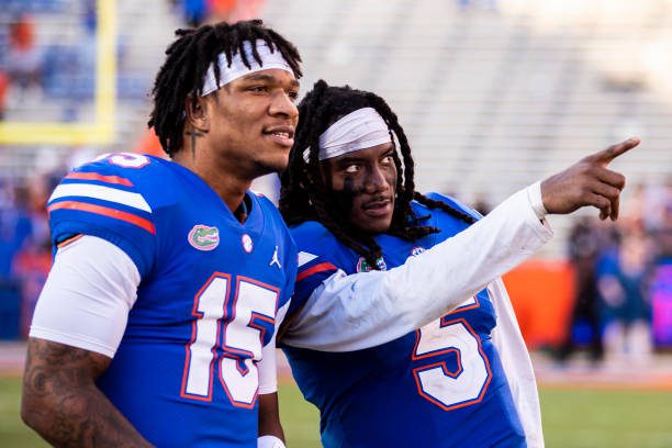 GAINESVILLE, FLORIDA - NOVEMBER 13: Emory Jones #5 and Anthony Richardson #15 of the Florida Gators look on after defeating the Samford Bulldogs 70-52 in a game at Ben Hill Griffin Stadium on November 13, 2021 in Gainesville, Florida. (Photo by James Gilbert/Getty Images)