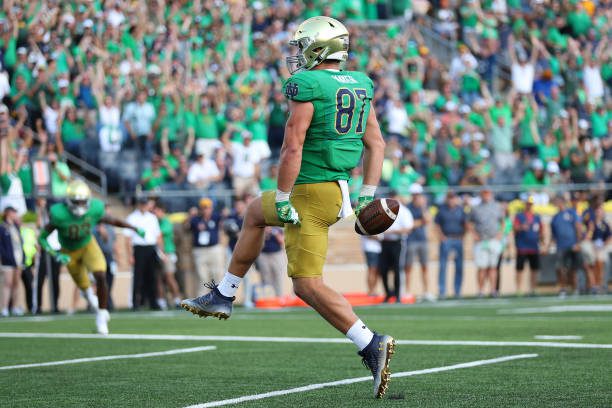 SOUTH BEND, INDIANA - SEPTEMBER 17: Michael Mayer #87 of the Notre Dame Fighting Irish celebrates a touchdown reception against the California Golden Bears during the second half at Notre Dame Stadium on September 17, 2022 in South Bend, Indiana. (Photo by Michael Reaves/Getty Images)