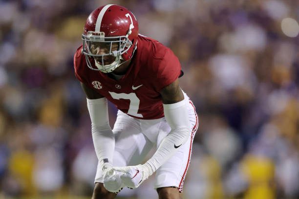 BATON ROUGE, LOUISIANA - NOVEMBER 05: Eli Ricks #7 of the Alabama Crimson Tide in action against the LSU Tigers during a game at Tiger Stadium on November 05, 2022 in Baton Rouge, Louisiana. (Photo by Jonathan Bachman/Getty Images)