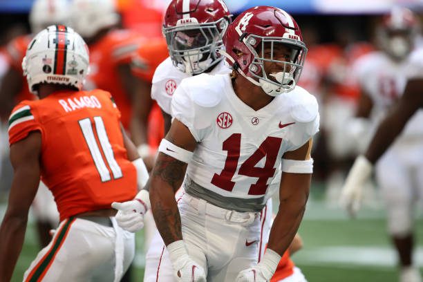 ATLANTA, GA - SEPTEMBER 04: Alabama Crimson Tide defensive back Brian Branch (14) during the Chick-fil-A Kickoff Game between the Miami Hurricanes and the Alabama Crimson Tide on September 4, 2021 at Mercedes Benz Stadium in Atlanta, Georgia.  (Photo by Michael Wade/Icon Sportswire via Getty Images)