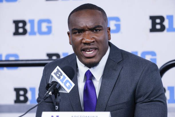 INDIANAPOLIS, IN - JULY 26: Adetomiwa Adebawore of the Northwestern Wildcats speaks during the 2022 Big Ten Conference Football Media Days at Lucas Oil Stadium on July 26, 2022 in Indianapolis, Indiana. (Photo by Michael Hickey/Getty Images)