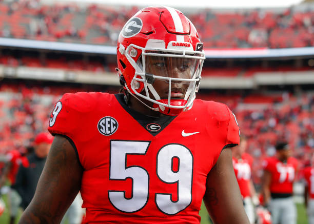 ATHENS, GA - NOVEMBER 06: Broderick Jones #59 of the Georgia Bulldogs leaves the field at the conclusion of the game against the Missouri Tigers at Sanford Stadium on November 6, 2021 in Athens, Georgia. (Photo by Todd Kirkland/Getty Images)