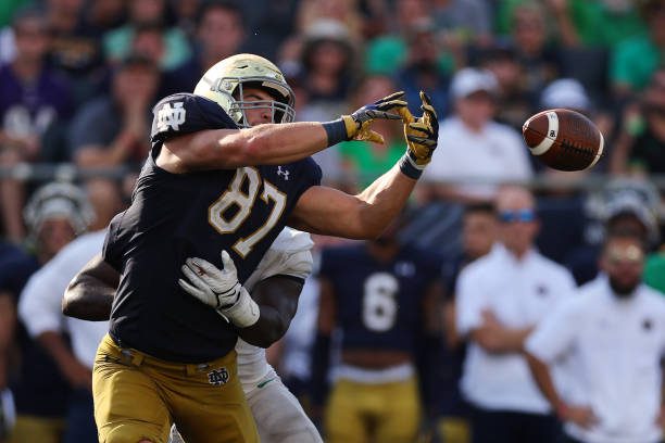 SOUTH BEND, INDIANA - SEPTEMBER 10: Michael Mayer #87 of the Notre Dame Fighting Irish drops a pass against the Marshall Thundering Herd during the second half at Notre Dame Stadium on September 10, 2022 in South Bend, Indiana. (Photo by Michael Reaves/Getty Images)