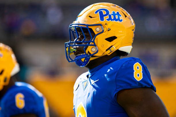 PITTSBURGH, PA - OCTOBER 08: Pittsburgh Panthers defensive lineman Calijah Kancey (8) looks on during the college football game between the Virginia Tech Hokies and the Pittsburgh Panthers on October 08, 2022 at Acrisure Stadium in Pittsburgh, PA. (Photo by Mark Alberti/Icon Sportswire via Getty Images)