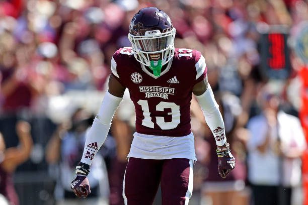 STARKVILLE, MISSISSIPPI - OCTOBER 08: Emmanuel Forbes #13 of the Mississippi State Bulldogs reacts during the game against the Arkansas Razorbacks at Davis Wade Stadium on October 08, 2022 in Starkville, Mississippi. (Photo by Justin Ford/Getty Images)