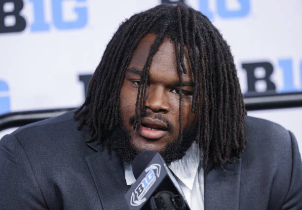 INDIANAPOLIS, IN - JULY 26: Mazi Smith of the Michigan Wolverines speaks during the 2022 Big Ten Conference Football Media Days at Lucas Oil Stadium on July 26, 2022 in Indianapolis, Indiana. (Photo by Michael Hickey/Getty Images)