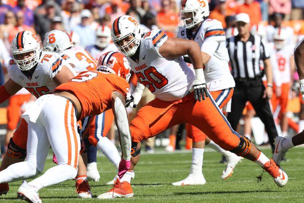 CLEMSON, SC - OCTOBER 22: Syracuse Orange offensive lineman  Matthew Bergeron (60) during a college football game between the Syracuse Orange and the Clemson Tigers on October 22, 2022, at Clemson Memorial Stadium in Clemson, S.C. (Photo by John Byrum/Icon Sportswire via Getty Images)