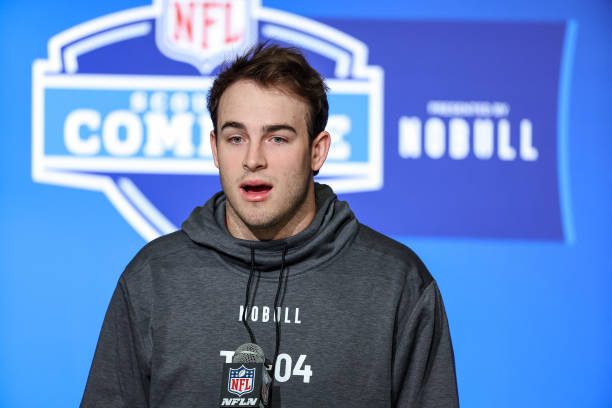 INDIANAPOLIS, IN - MARCH 03: Tight end Dalton Kincaid of Utah speaks to the media during the NFL Combine at Lucas Oil Stadium on March 3, 2023 in Indianapolis, Indiana. (Photo by Michael Hickey/Getty Images)