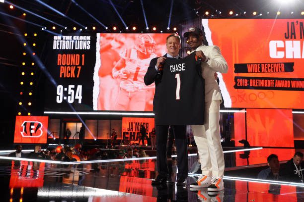 CLEVELAND, OHIO - APRIL 29: Ja'Marr Chase poses with NFL Commissioner Roger Goodell onstage after being selected fifth by the Cincinnati Bengals during round one of the 2021 NFL Draft at the Great Lakes Science Center on April 29, 2021 in Cleveland, Ohio. (Photo by Gregory Shamus/Getty Images)