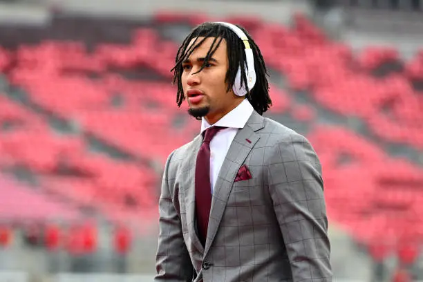 COLUMBUS, OHIO - NOVEMBER 12: C.J. Stroud #7 of the Ohio State Buckeyes enters Ohio Stadium prior to a game against the Indiana Hoosiers on November 12, 2022 in Columbus, Ohio. (Photo by Ben Jackson/Getty Images)