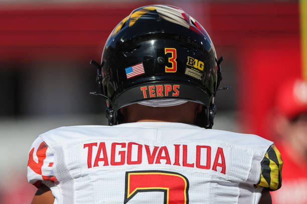 BLOOMINGTON, IN - OCTOBER 15: Taulia Tagovailoa #3 of the Maryland Terrapins is seen before the game against the Indiana Hoosiers at Memorial Stadium on October 15, 2022 in Bloomington, Indiana. (Photo by Michael Hickey/Getty Images)