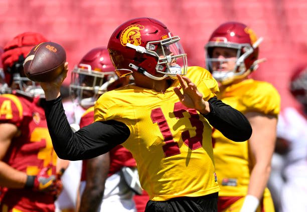 LOS ANGELES, CA - APRIL 15: Quarterback Caleb Williams #13 of the USC Trojans warms up for the spring game at the Los Angeles Memorial Coliseum on April 15, 2023 in Los Angeles, California. (Photo by Jayne Kamin-Oncea/Getty Images)