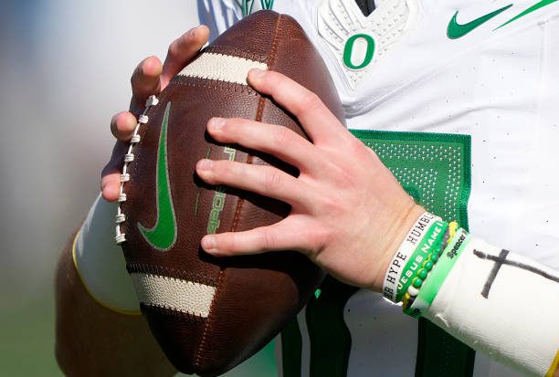 BERKELEY, CALIFORNIA - OCTOBER 29: A detailed viewo of the Nike football used by quarterback Bo Nix #10 of the Oregon Ducks while warming up prior to playing the California Golden Bears in a NCAA football game at FTX Field at California Memorial Stadium on October 29, 2022 in Berkeley, California. (Photo by Thearon W. Henderson/Getty Images)