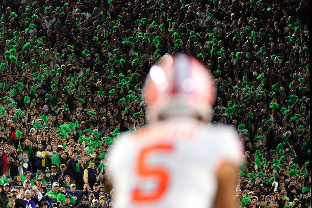 SOUTH BEND, INDIANA - NOVEMBER 05: Fans look on as DJ Uiagalelei #5 of the Clemson Tigers waits to snap the ball against the Notre Dame Fighting Irish during the second half at Notre Dame Stadium on November 05, 2022 in South Bend, Indiana. (Photo by Michael Reaves/Getty Images)