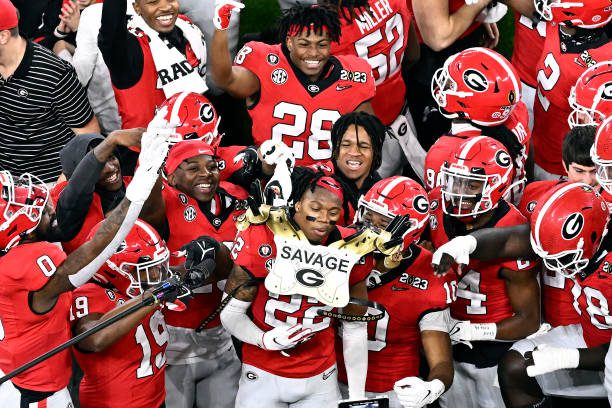 INGLEWOOD, CALIFORNIA - JANUARY 09: Javon Bullard #22 of the Georgia Bulldogs reacts with teammates after his second interception late in the second quarter against the TCU Horned Frogs in the College Football Playoff National Championship game at SoFi Stadium on January 09, 2023 in Inglewood, California. (Photo by Kevork Djansezian/Getty Images)