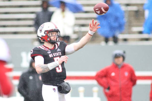 RALEIGH, NC - APRIL 08: NC State quarterback Brennan Armstrong (5) throws the ball during the NC State spring football game on April 8, 2023, at Carter-Finley Stadium in Raleigh, NC. (Photo by Nicholas Faulkner/Icon Sportswire via Getty Images)