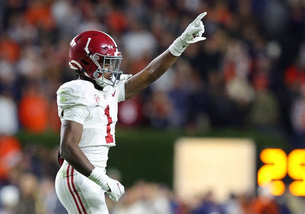 AUBURN, ALABAMA - NOVEMBER 27:  Kool-Aid McKinstry #1 of the Alabama Crimson Tide reacts a defensive stop in the third overtime against the Auburn Tigers at Jordan-Hare Stadium on November 27, 2021 in Auburn, Alabama. (Photo by Kevin C. Cox/Getty Images)