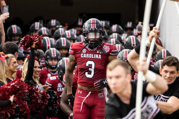 JACKSONVILLE, FLORIDA - DECEMBER 30:  Antwane Wells Jr. #3 of the South Carolina Gamecocks takes the field with his team before the start of the TaxSlayer Gator Bowl against the Notre Dame Fighting Irish at TIAA Bank Field on December 30, 2022 in Jacksonville, Florida. (Photo by James Gilbert/Getty Images)