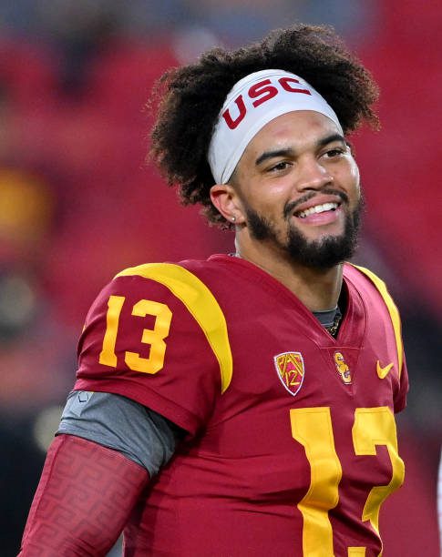 LOS ANGELES, CA - SEPTEMBER 17: Quarterback Caleb Williams #13 of the USC Trojans smiles as he heads off the field prior to for the game against the Fresno State Bulldogs at United Airlines Field at the Los Angeles Memorial Coliseum on September 17, 2022 in Los Angeles, California. (Photo by Jayne Kamin-Oncea/Getty Images)