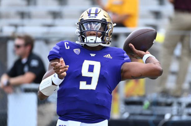 TEMPE, ARIZONA - OCTOBER 08: Michael Penix Jr. #9 of the University of Washington Huskies warms up prior to game against the Arizona State University Sun Devils at Sun Devil Stadium on October 08, 2022 in Tempe, Arizona. (Photo by Norm Hall/Getty Images)