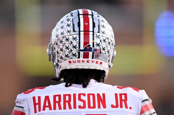 COLLEGE PARK, MARYLAND - NOVEMBER 19: A view of the achievement stickers on the helmet of Marvin Harrison Jr. #18 of the Ohio State Buckeyes during the game against the Maryland Terrapins at SECU Stadium on November 19, 2022 in College Park, Maryland. (Photo by G Fiume/Getty Images)