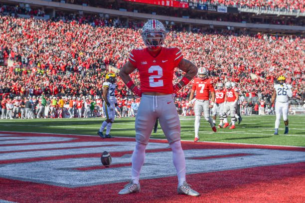 COLUMBUS, OHIO - NOVEMBER 26: Emeka Egbuka #2 of the Ohio State Buckeyes reacts after scoring a touchdown during the first half of a college football game against the Michigan Wolverines at Ohio Stadium on November 26, 2022 in Columbus, Ohio. (Photo by Aaron J. Thornton/Getty Images)