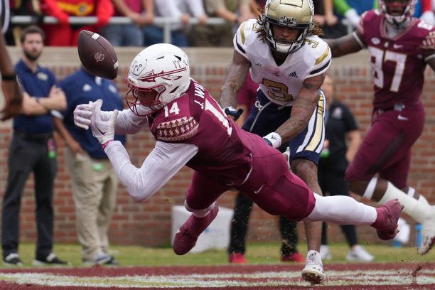 TALLAHASSEE, FL - OCTOBER 29: Florida State Seminoles wide receiver Johnny Wilson (14) cant hang not to the pass during the game between the Georgia Tech Yellow Jackets and the Florida State Seminoles on Saturday, October 29, 2022 at Oak Campbell Stadium in Tallahassee, FL (Photo by Peter Joneleit/Icon Sportswire via Getty Images)