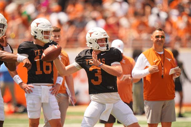 College Football: Texas Quinn Ewers (3) in action, throws the football during a spring exhibition game at Darrell K Royal Stadium. 
Austin, TX 4/15/2023
CREDIT: Erick W. Rasco (Photo by Erick W. Rasco /Sports Illustrated via Getty Images) 
(Set Number: X164345 TK1)