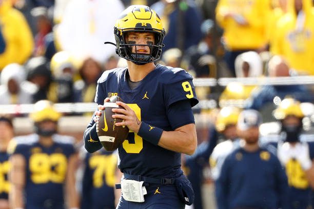 ANN ARBOR, MICHIGAN - OCTOBER 15: J.J. McCarthy #9 of the Michigan Wolverines looks to throw a pass in the second half of a game against the Penn State Nittany Lions at Michigan Stadium on October 15, 2022 in Ann Arbor, Michigan. (Photo by Mike Mulholland/Getty Images)