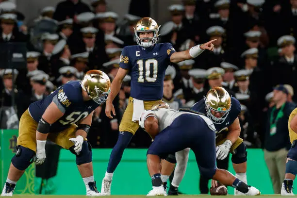 DUBLIN, IRELAND - AUGUST 26: Sam Hartman of Notre Dame gestures during the Aer Lingus College Football Classic match between Notre Dame and Navy Midshipmen at Aviva Stadium on August 26, 2023 in Dublin, Ireland. (Photo by Mario Hommes/DeFodi Images via Getty Images)
