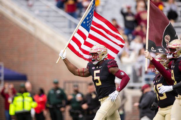 TALLAHASSEE, FLORIDA - NOVEMBER 19: Jared Verse #5 of the Florida State Seminoles leads his team out of the tunnel before the start of a game against the Louisiana-Lafayette Ragin Cajuns at Doak Campbell Stadium on November 19, 2022 in Tallahassee, Florida. (Photo by James Gilbert/Getty Images)