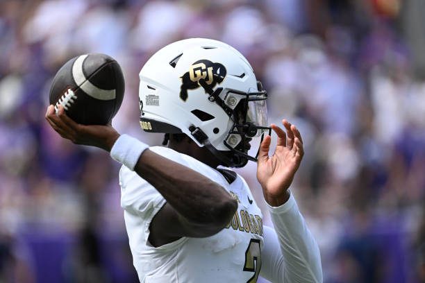 College Football: Colorado Shedeur Sanders (2) in action, throws the football vs. TCU at Amon G. Carter Stadium. 
Fort Worth, TX 9/2/2023
CREDIT: Greg Nelson (Photo by Greg Nelson/Sports Illustrated via Getty Images) 
(Set Number: X164412 TK1)