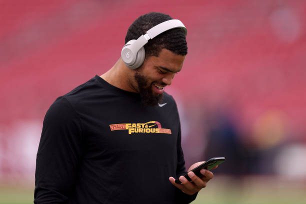 LOS ANGELES, CALIFORNIA - SEPTEMBER 02: Caleb Williams #13 of the USC Trojans looks on during warm ups prior to the game against the Nevada Wolf Pack at United Airlines Field at the Los Angeles Memorial Coliseum on September 02, 2023 in Los Angeles, California. (Photo by Katelyn Mulcahy/Getty Images)