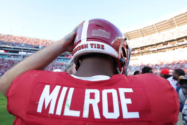TUSCALOOSA, ALABAMA - SEPTEMBER 23:  Jalen Milroe #4 of the Alabama Crimson Tide reacts after their 24-10 win over the Mississippi Rebels at Bryant-Denny Stadium on September 23, 2023 in Tuscaloosa, Alabama. (Photo by Kevin C. Cox/Getty Images)