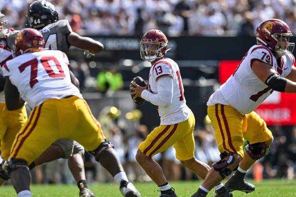 BOULDER, CO - SEPTEMBER 30:  Quarterback Caleb Williams #13 of the USC Trojans looks for a target against the Colorado Buffaloes in the fourth quarter against the Colorado Buffaloes at Folsom Field on September 30, 2023 in Boulder, Colorado. (Photo by Dustin Bradford/Getty Images)