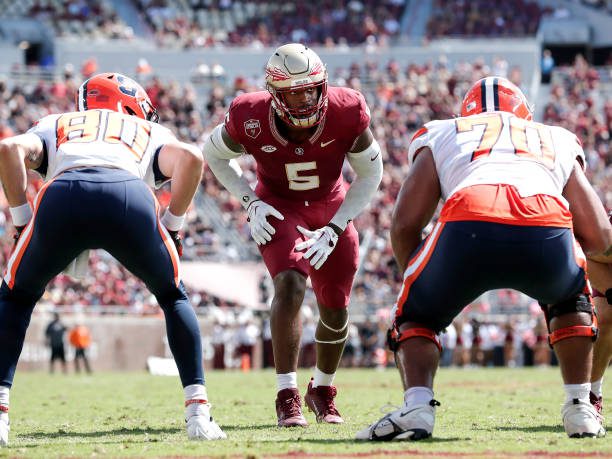 TALLAHASSEE, FL - OCTOBER 14: Defensive End Jared Verse #5 of the Florida State Seminoles during the game against the Syracuse Orange at Doak Campbell Stadium on Bobby Bowden Field on October 14, 2023 in Tallahassee, Florida. The 4th ranked Seminoles defeated the Orange 41 to 3. (Photo by Don Juan Moore/Getty Images)