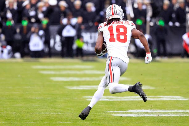 WEST LAFAYETTE, INDIANA - OCTOBER 14: Marvin Harrison Jr. #18 of the Ohio State Buckeyes runs the ball after a catch in the game against the Purdue Boilermakers at Ross-Ade Stadium on October 14, 2023 in West Lafayette, Indiana. (Photo by Justin Casterline/Getty Images)
