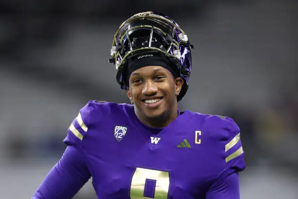 SEATTLE, WASHINGTON - OCTOBER 21: Michael Penix Jr. #9 of the Washington Huskies looks on during warmups before the game against the Arizona State Sun Devils at Husky Stadium on October 21, 2023 in Seattle, Washington. (Photo by Steph Chambers/Getty Images)