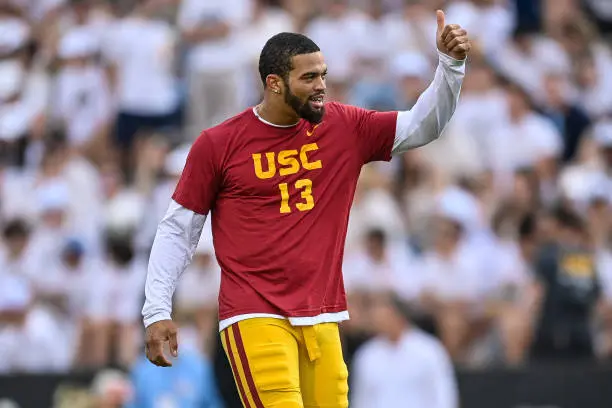 BOULDER, CO - SEPTEMBER 30:  Quarterback Caleb Williams #13 of the USC Trojans warms up before a game against the Colorado Buffaloes at Folsom Field on September 30, 2023 in Boulder, Colorado. (Photo by Dustin Bradford/Getty Images)