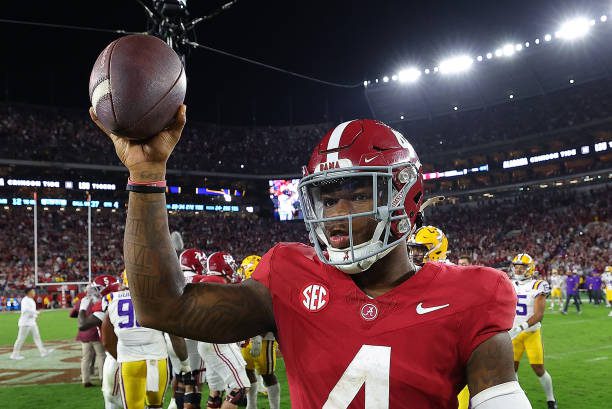 TUSCALOOSA, ALABAMA - NOVEMBER 04:  Jalen Milroe #4 of the Alabama Crimson Tide reacts after their 42-28 win over the LSU Tigers at Bryant-Denny Stadium on November 04, 2023 in Tuscaloosa, Alabama.  (Photo by Kevin C. Cox/Getty Images)