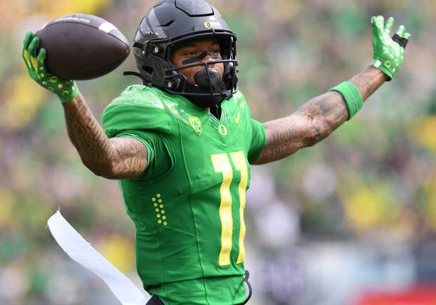 EUGENE, OR - SEPTEMBER 23: Oregon Ducks wide receiver Troy Franklin (11) reacts after scoring on a 36-yard reception in the second quarter during a PAC-12 conference football game between the Colorado Buffaloes and Oregon Ducks on September 23, 2023 at Autzen Stadium in Eugene, Oregon. (Photo by Brian Murphy/Icon Sportswire via Getty Images)