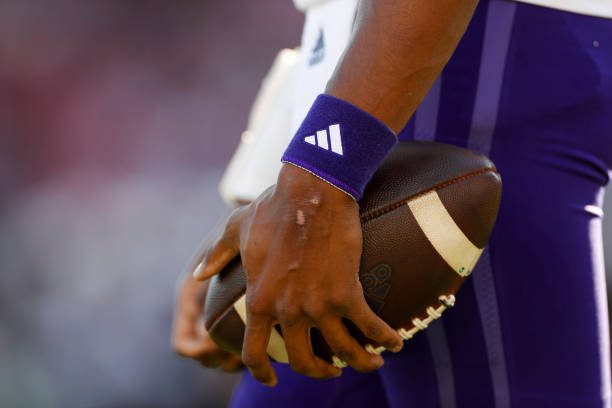 STANFORD, CALIFORNIA - OCTOBER 28: Detail view of an Adidas wristband worn by Michael Penix Jr. #9 of the Washington Huskies during a game against the Stanford Cardinal at Stanford Stadium on October 28, 2023 in Stanford, California. (Photo by Brandon Sloter/Image Of Sport/Getty Images)